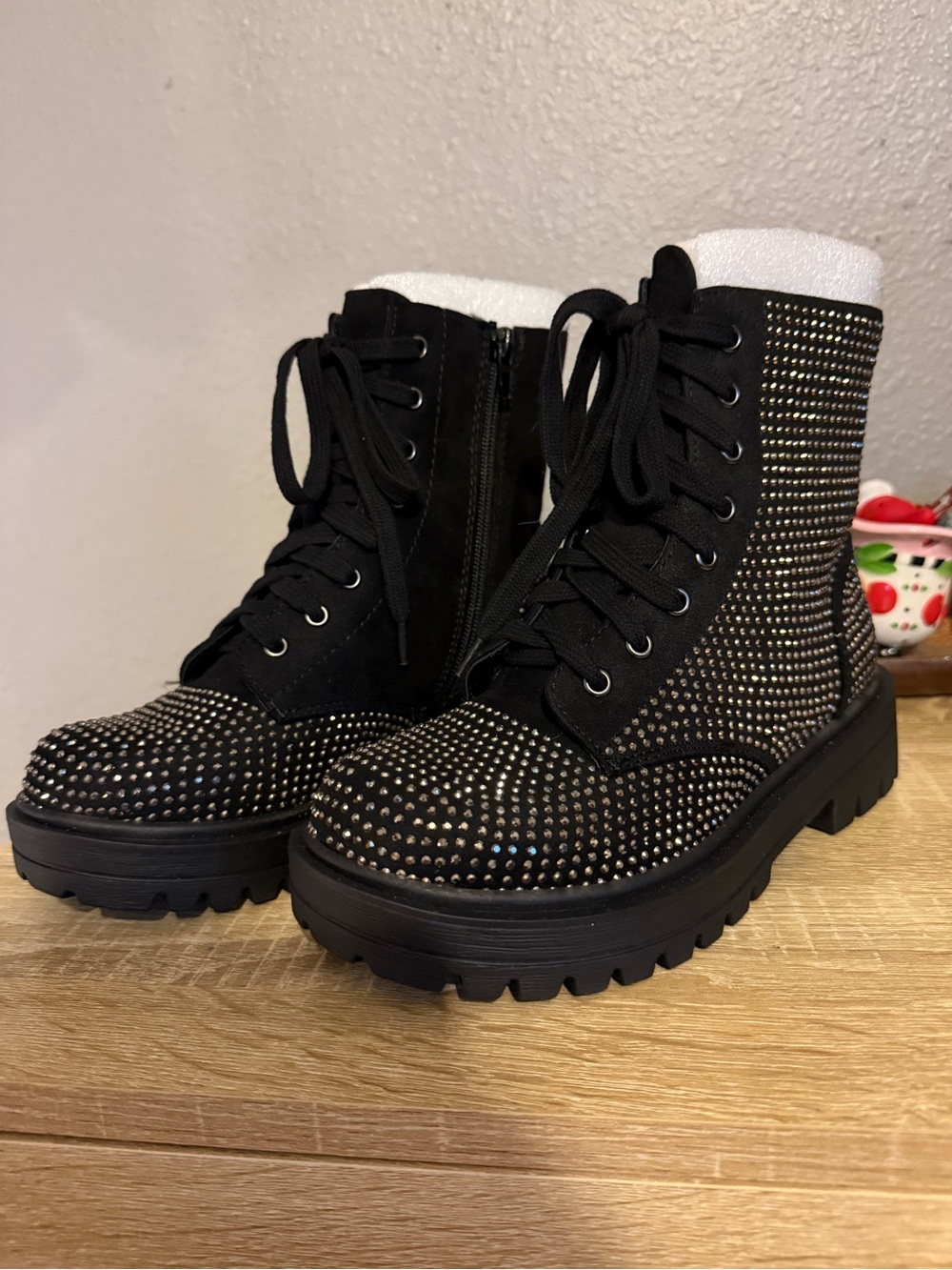 Black rhinestoned combat boots